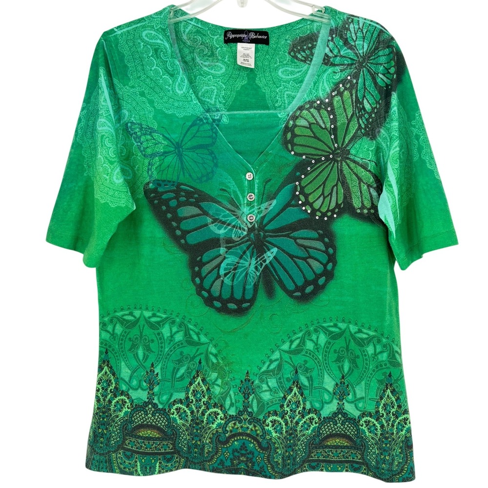Appropriate Behavior Green Butterfly Paisley Y2K Henley Top XL Fairy Grunge